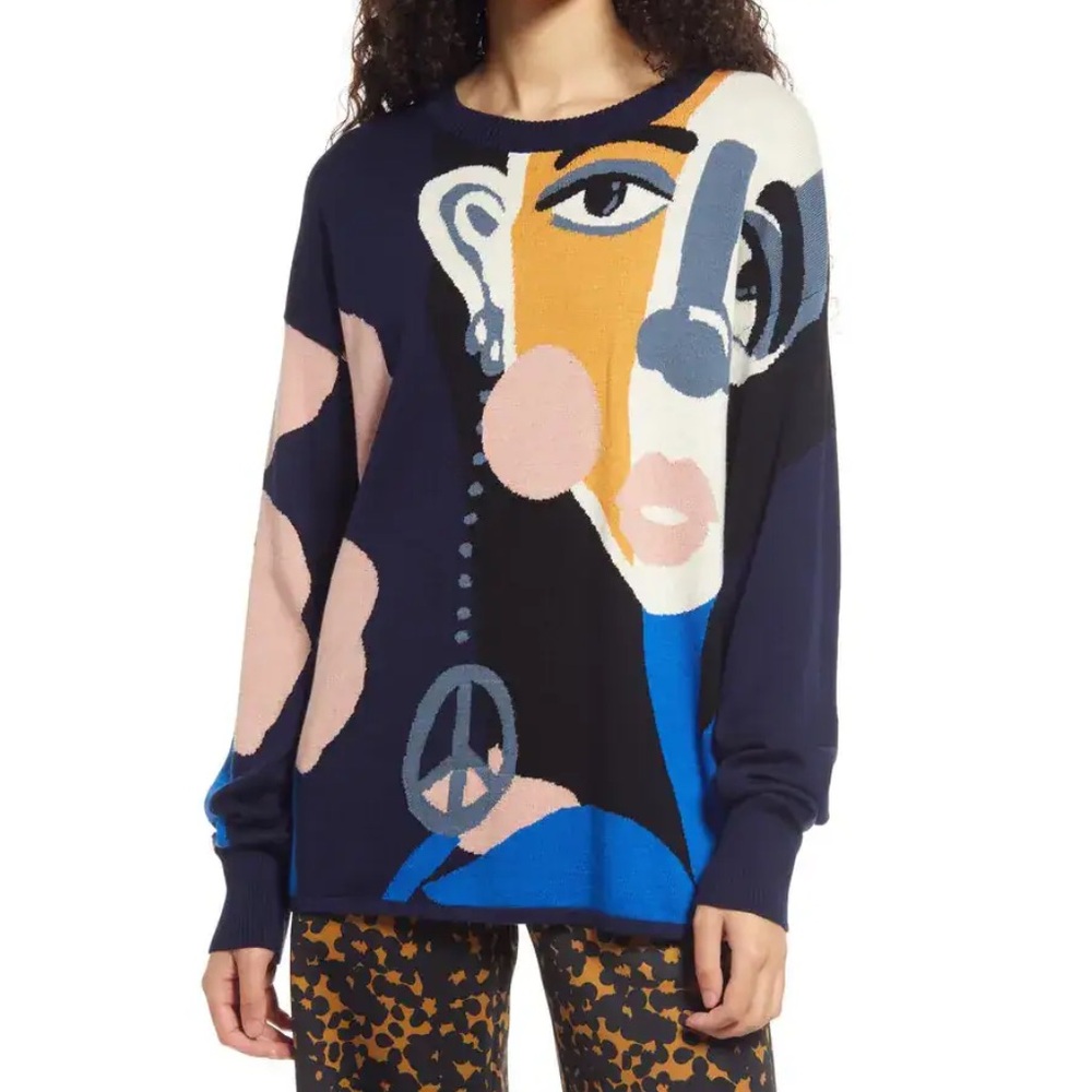Nordstrom by Cristina Martinez Intarsia Design Cotton & Cashmere Crewneck